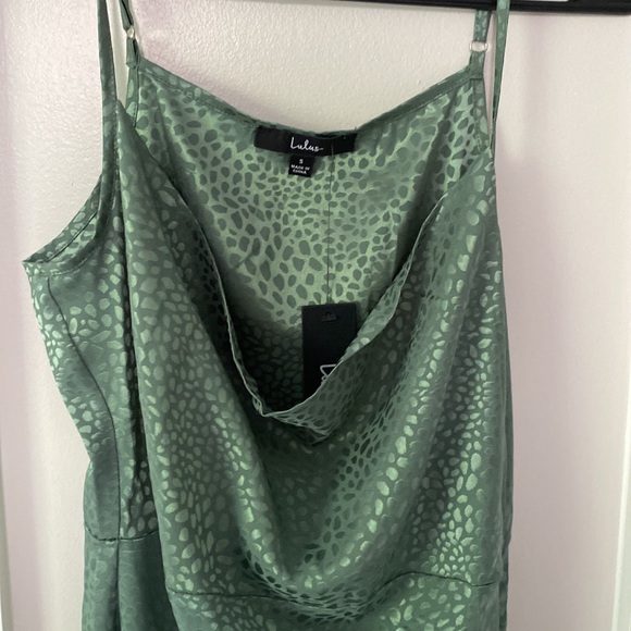 Lulus Total Stunner Sage Green Satin Jacquard Cowl Neck Dress - Picture 2 of 6